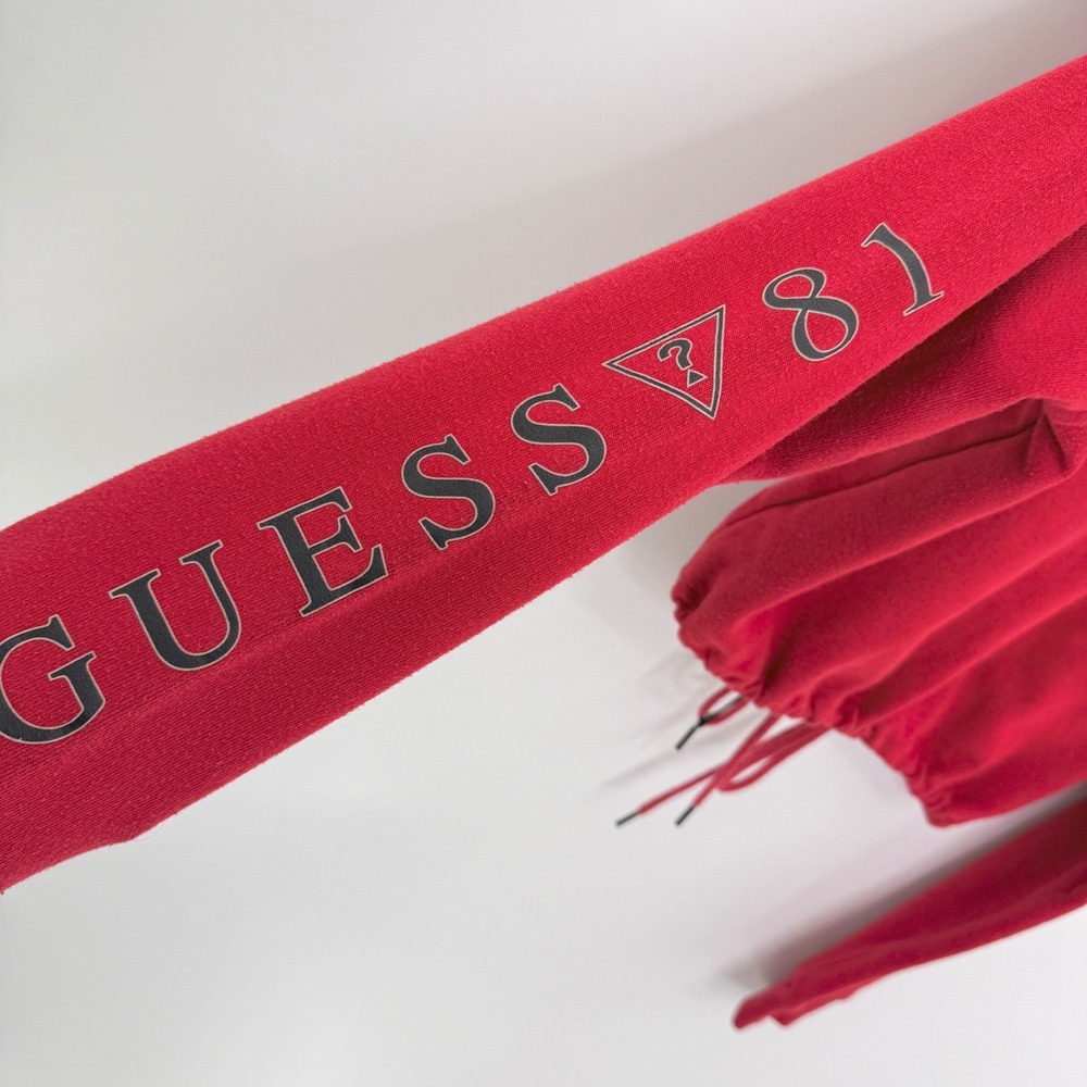 Guess Red Cropped Zip Up Hoodie Long Sleeve Drawstring Hem Logo Graphic Large - Picture 7 of 12